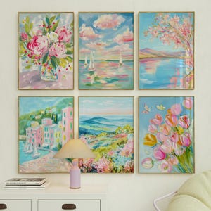Pastel Landscape Floral Wall Art Set – Spring Countryside – Coastal Decor – Digital Download for Cottagecore – Gallery Walls